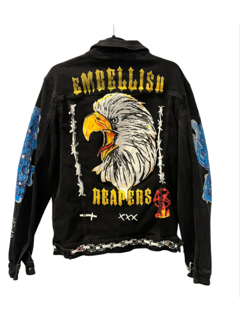 Embellish NYC Black Distressed Denim Streetwear Jacket Reapers Bald Eagle XL Men